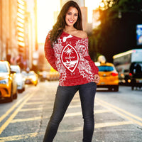 Guam Polynesian Shoulder Sweater Map Red White - Polynesian Pride