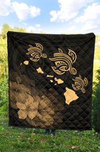 Hawaii Hibiscus Map Polynesian Ancient Gold Premium Quilt - Polynesian Pride