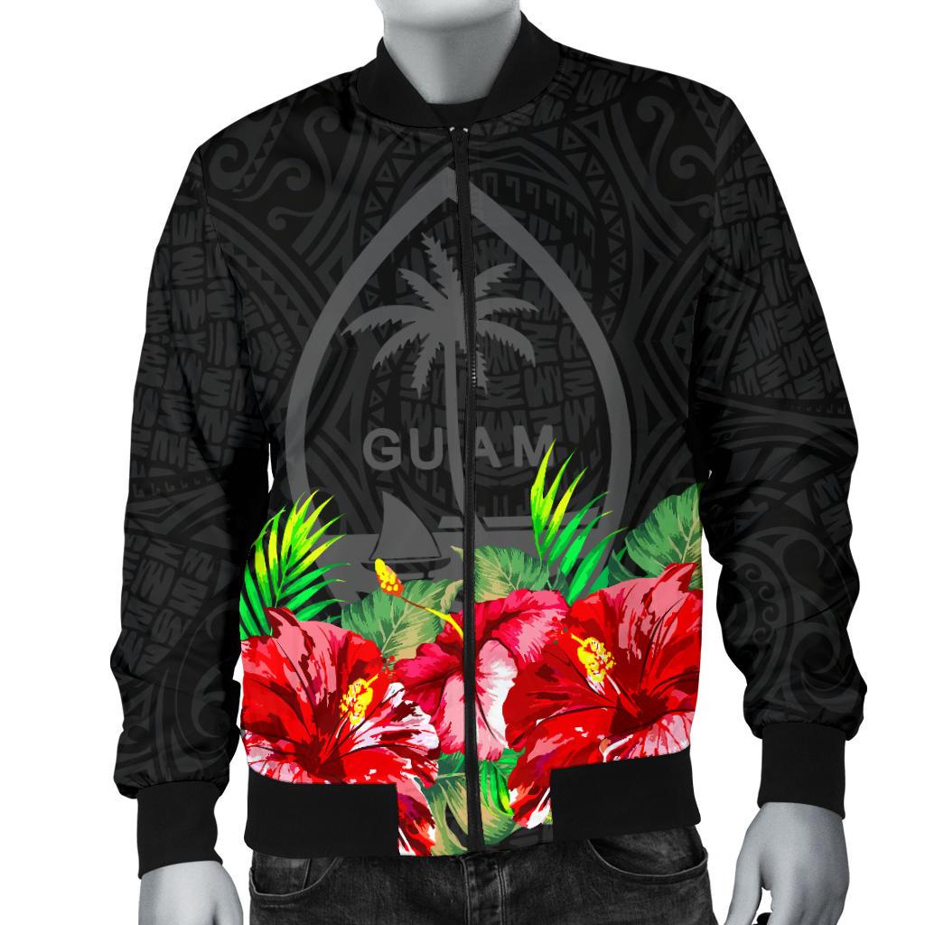 Guam Polynesian Men's Bomber Jacket Black Hibiscus - Polynesian Pride
