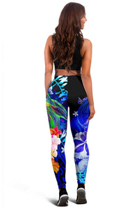 American Samoa Polynesian Women's Leggings - Humpback Whale with Tropical Flowers (Blue) - Polynesian Pride