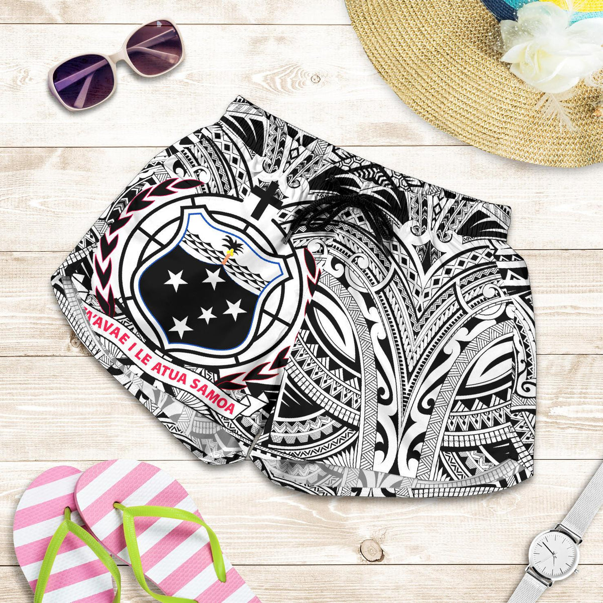 Samoa All Over Print Women's Shorts - Samoa Coat Of Arm, Polynesian Tattoo White And Black - Polynesian Pride