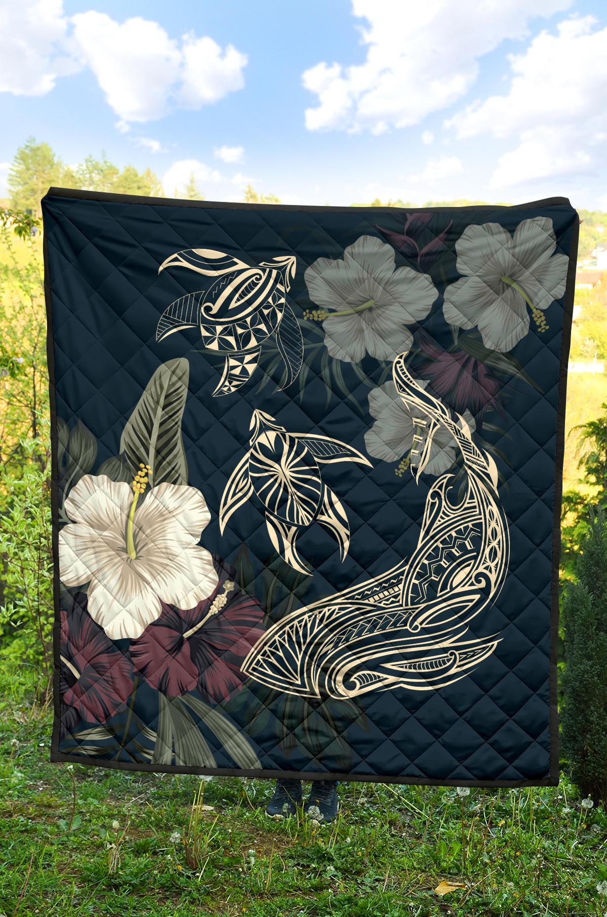 Hawaii Tropical Hibiscus Turtle Shark Aumakua Premium Quilt - Lucas Style - Blue - Polynesian Pride