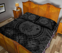 Hawaiian Map Honu Hibiscus Gray Polynesian Quilt Bed Set - Polynesian Pride
