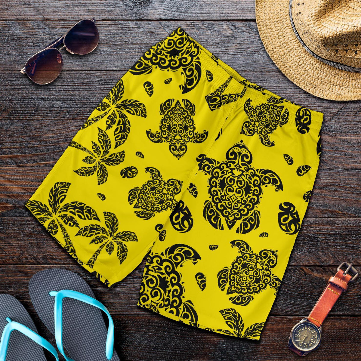 Polynesian Turtle Palm And Sea Pebbles Yellow Men's Short - Polynesian Pride