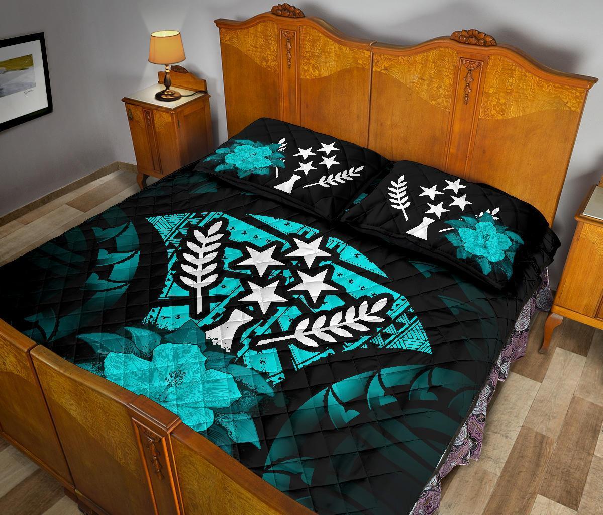Kosrae Polynesian Quilt Bed Set Hibiscus Turquoise - Polynesian Pride