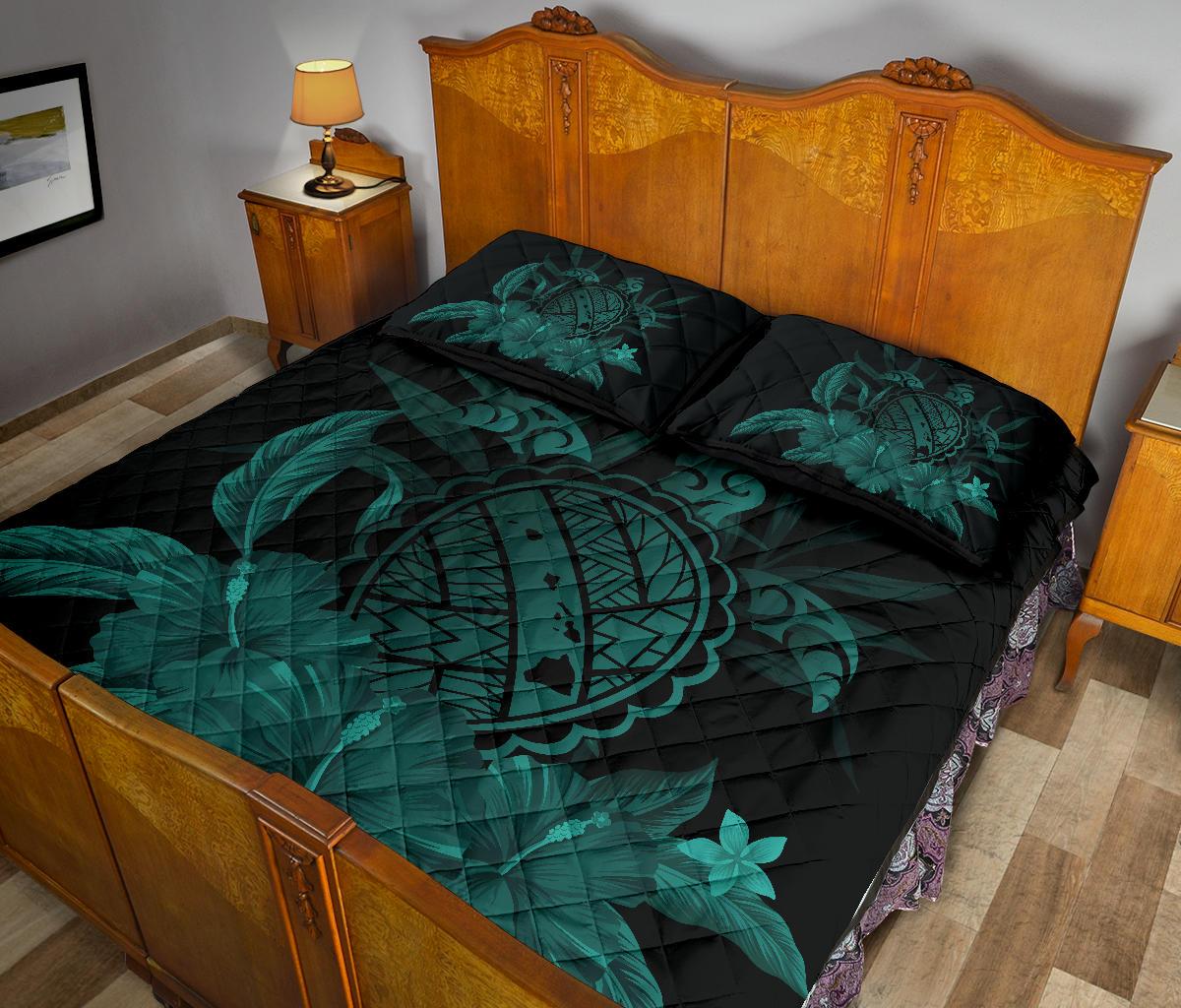 Hawaii Turtle Map Hibiscus Quilt Bed Set - Turquoise - Polynesian Pride