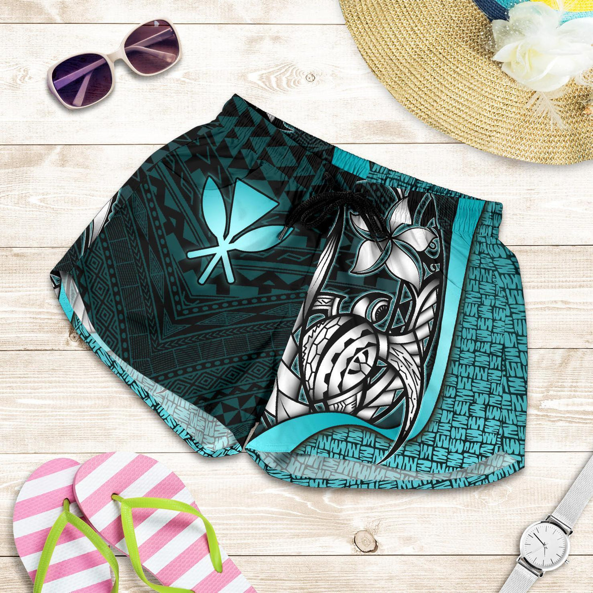 Polynesian Hawaii Women Shorts Turquoise - Turtle with Hook - Polynesian Pride