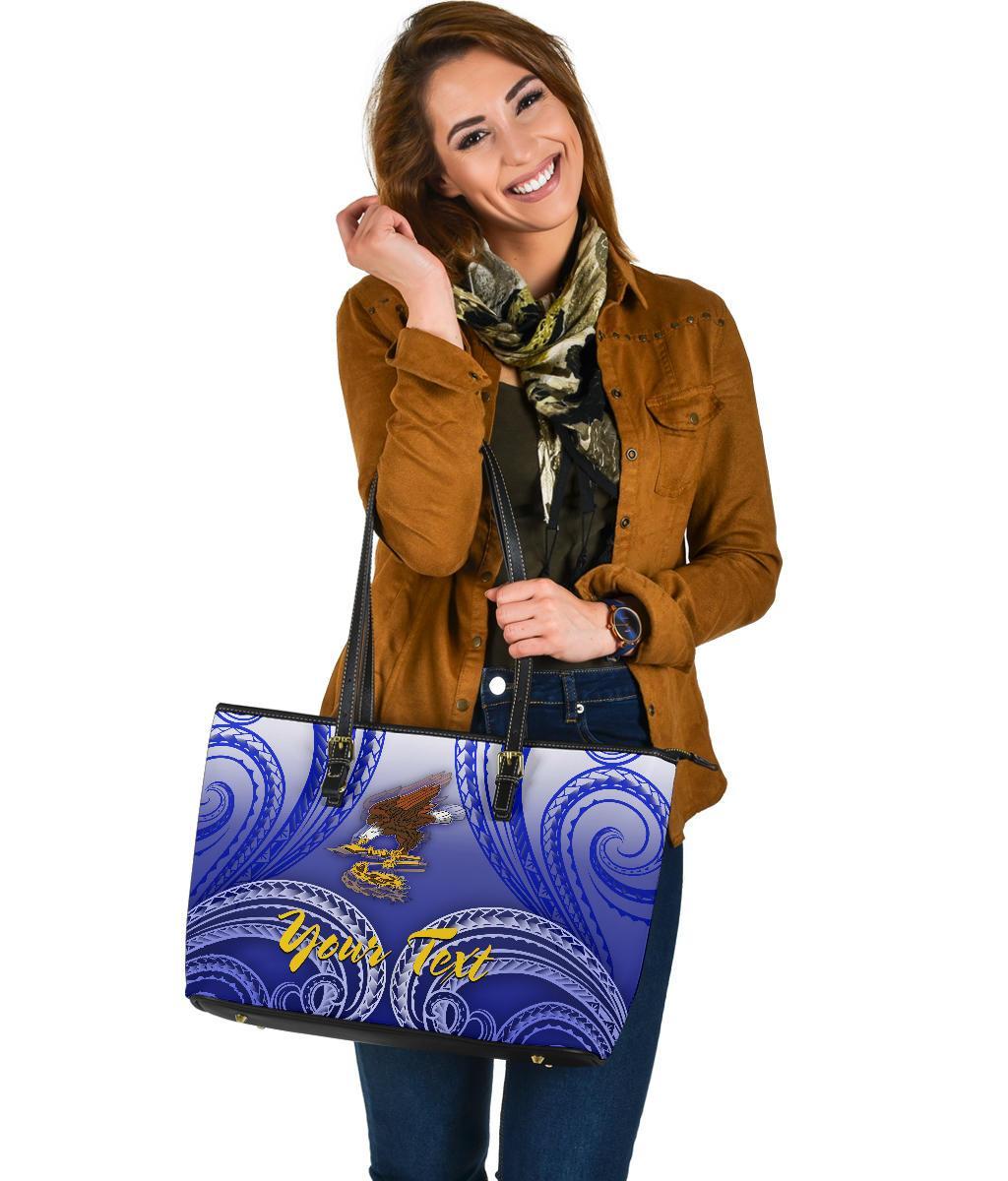 American Samoa Polynesian Custom Personalised Personalized Leather Tote Bag - Bald Eagle (Blue) - Polynesian Pride
