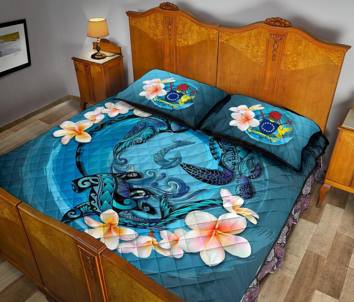 Cook Islands Polynesian Quilt Bed Set - Blue Plumeria Animal Tattoo - Polynesian Pride