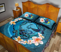 Cook Islands Polynesian Quilt Bed Set - Blue Plumeria Animal Tattoo - Polynesian Pride