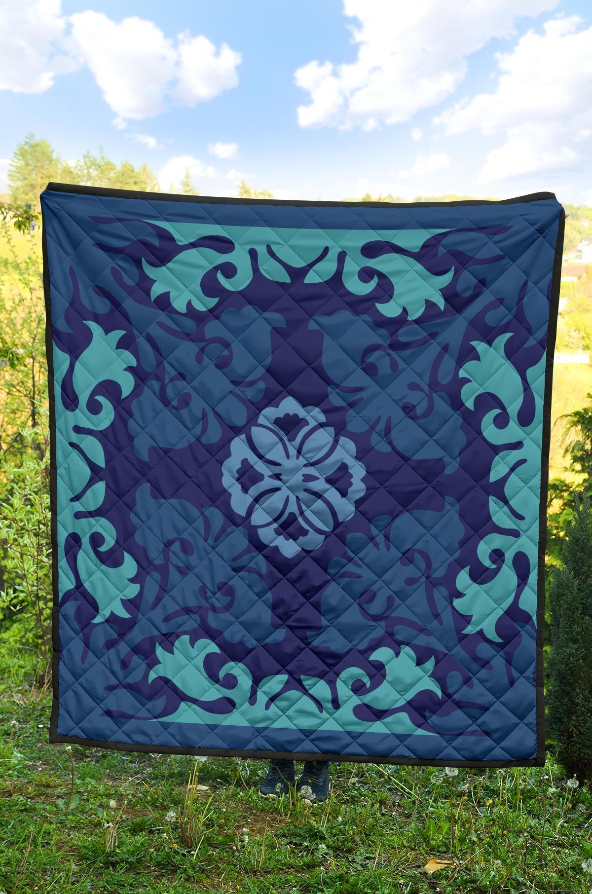 Hawaiian Tropical Pattern Premium Quilt - Indigo - Argu Style - AH - Polynesian Pride