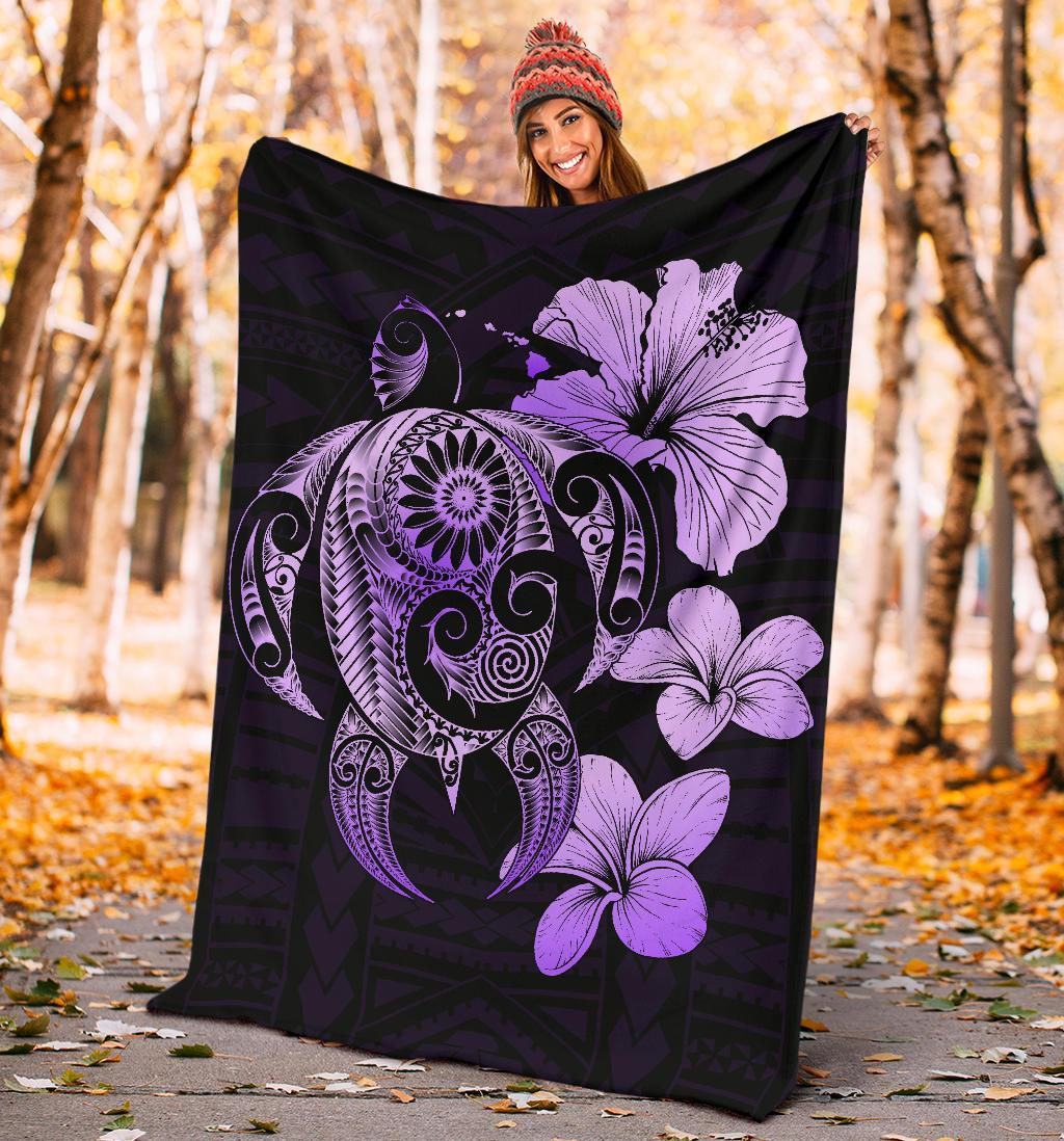 Hibiscus Plumeria Mix Polynesian Violet Turtle Premium Blanket - Polynesian Pride