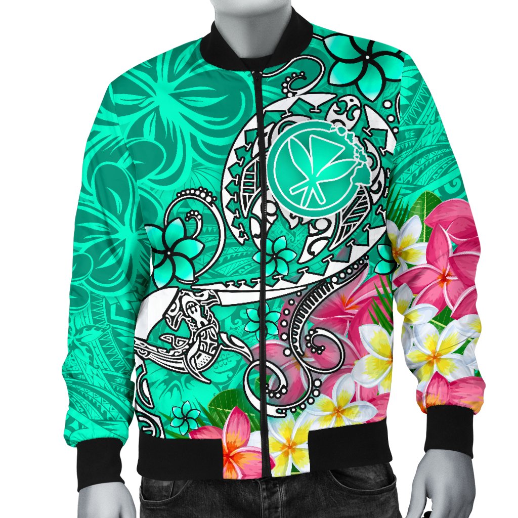 Hawaii Men's Bomber Jacket - Turtle Plumeria Polynesian Tattoo Turquoise Color - Polynesian Pride