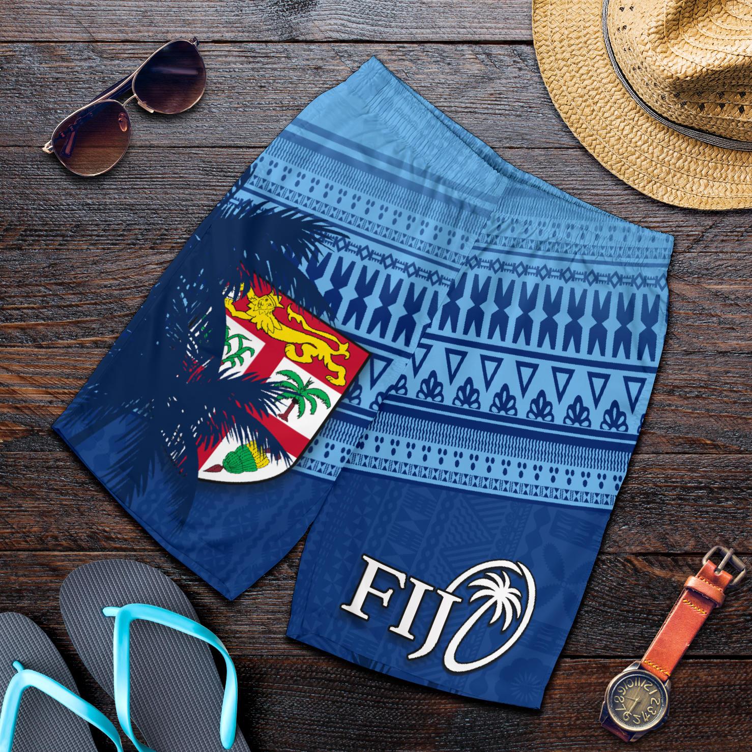 Fiji Rugby Makare And Tapa Patterns All Over Print Men's Shorts Blue Blue - Polynesian Pride