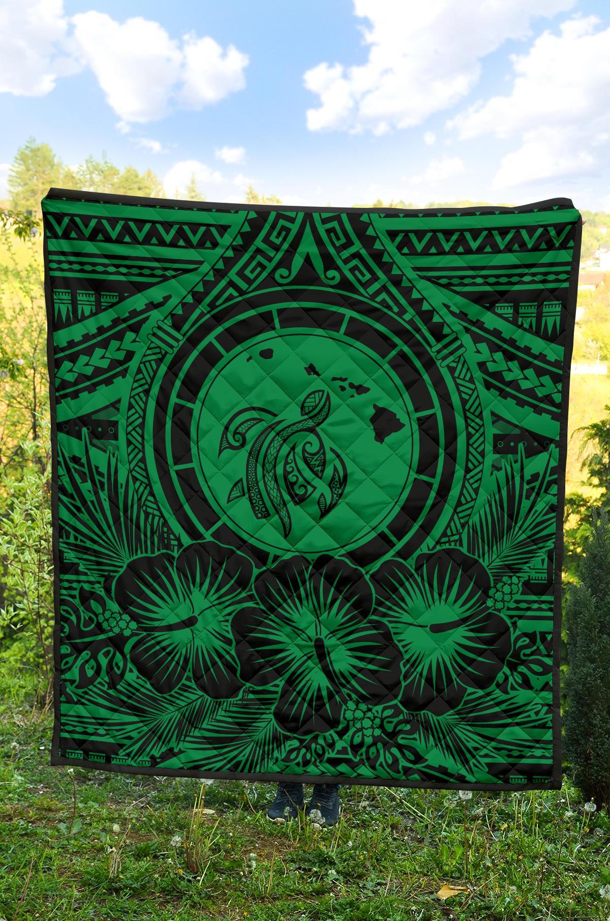 Hawaii Premium Quilt - Hawaii Map Honu Hibiscus Green Polynesian Premium Quilt - Polynesian Pride