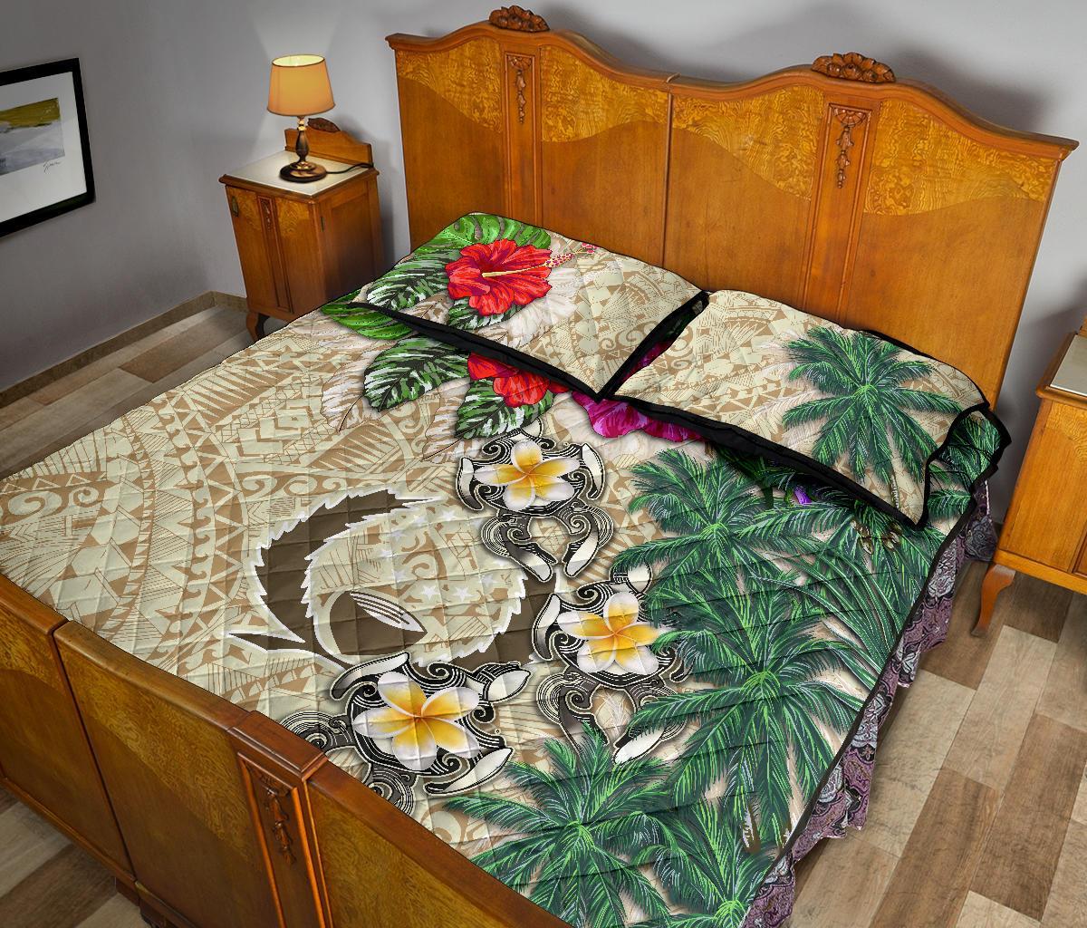 Pohnpei Polynesian Quilt Bed Set - Hibiscus Turtle Tattoo Beige - Polynesian Pride