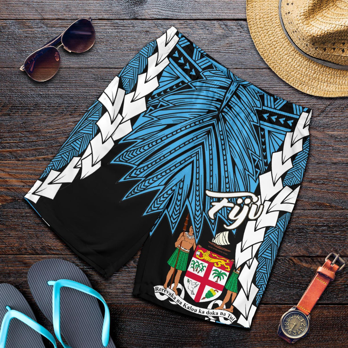 Fiji Polynesian Men's Shorts - Tribal Wave Tattoo Flag Style - Polynesian Pride