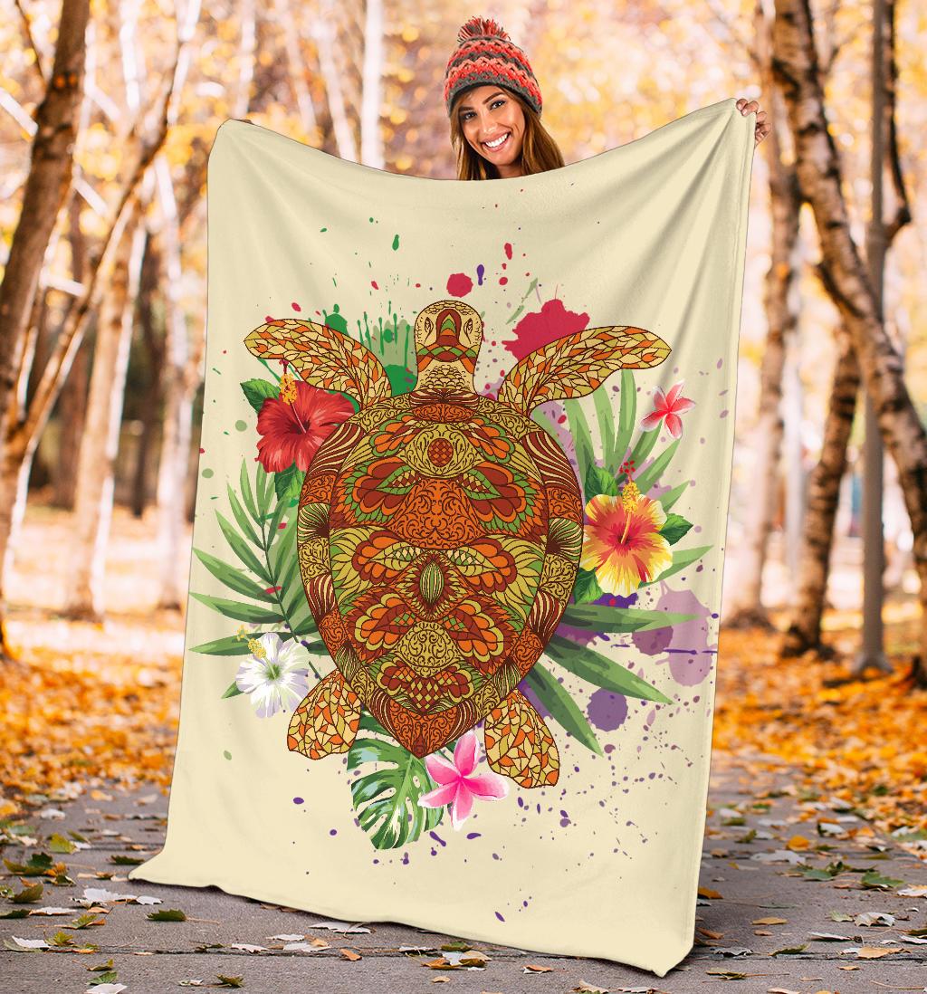 Hawaii Turtle Life Hibiscus Design Premium Blanket - Polynesian Pride