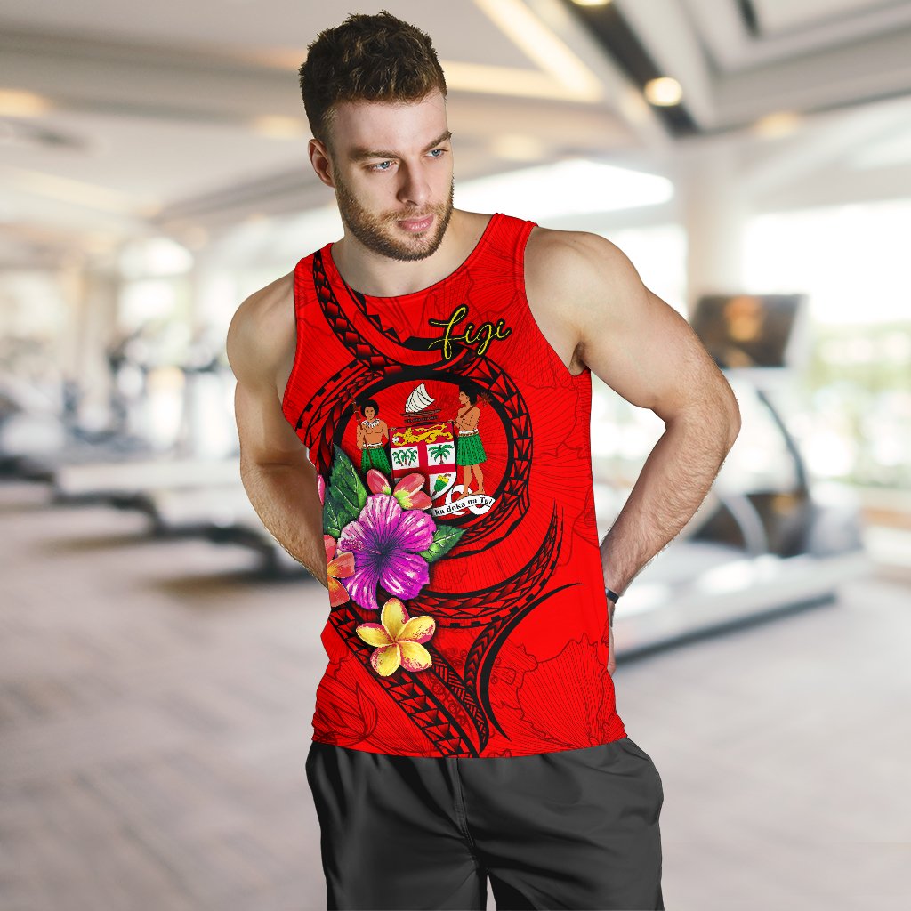 Fiji Polynesian Men's Tank Top - Floral With Seal Red - Polynesian Pride
