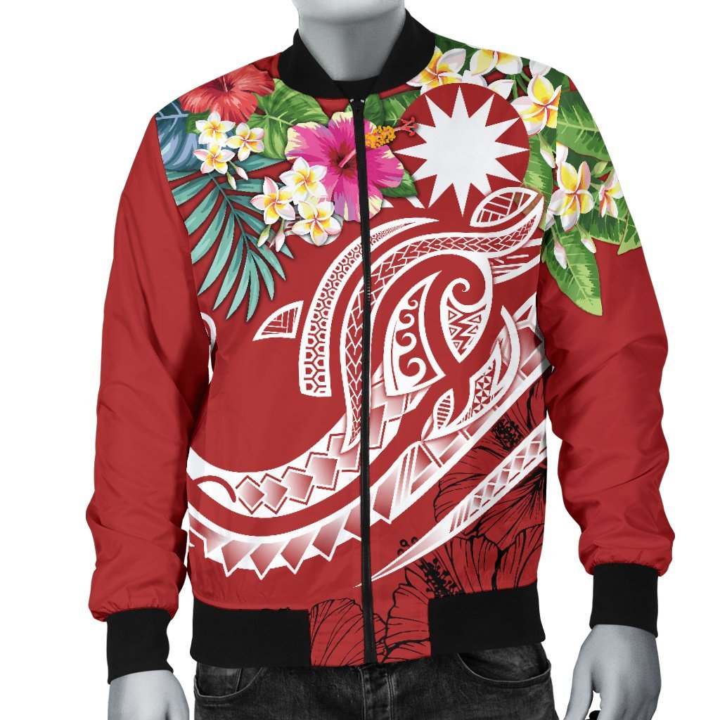 Nauru Polynesian Men's Bomber Jacket - Summer Plumeria (Red) - Polynesian Pride