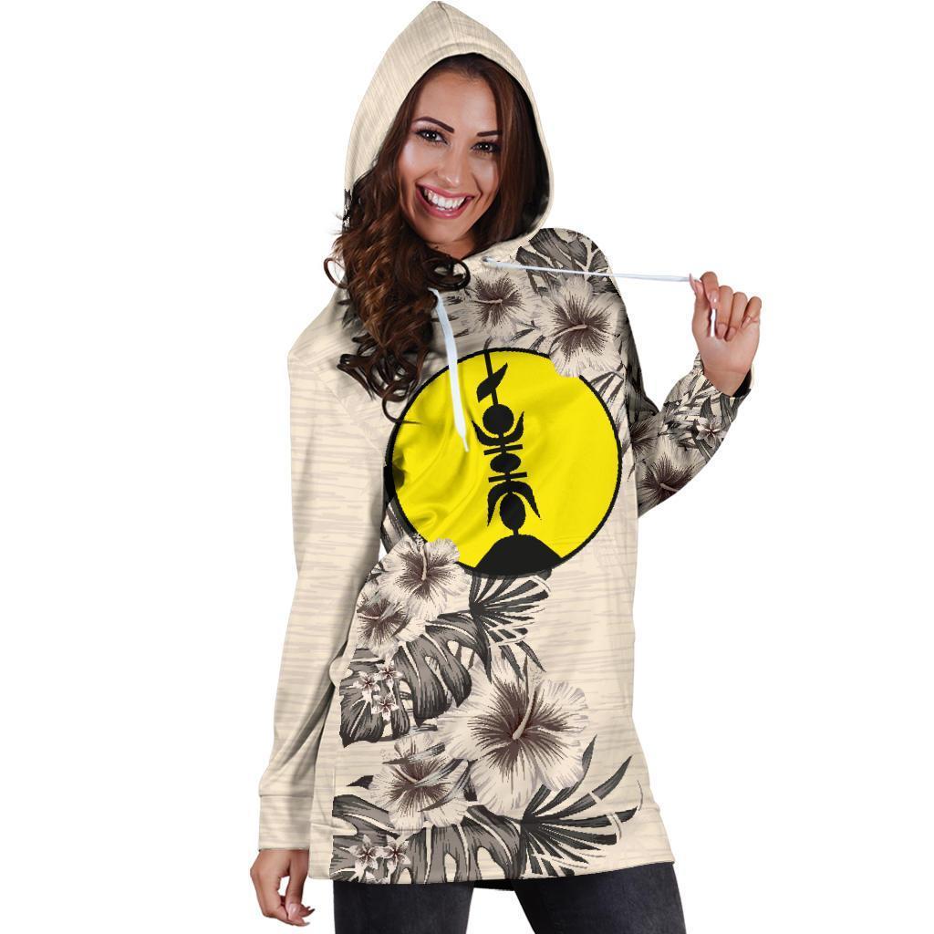 New Caledonia Hoodie Dress - New Caledonia Flag & Beige Hibiscus - Polynesian Pride