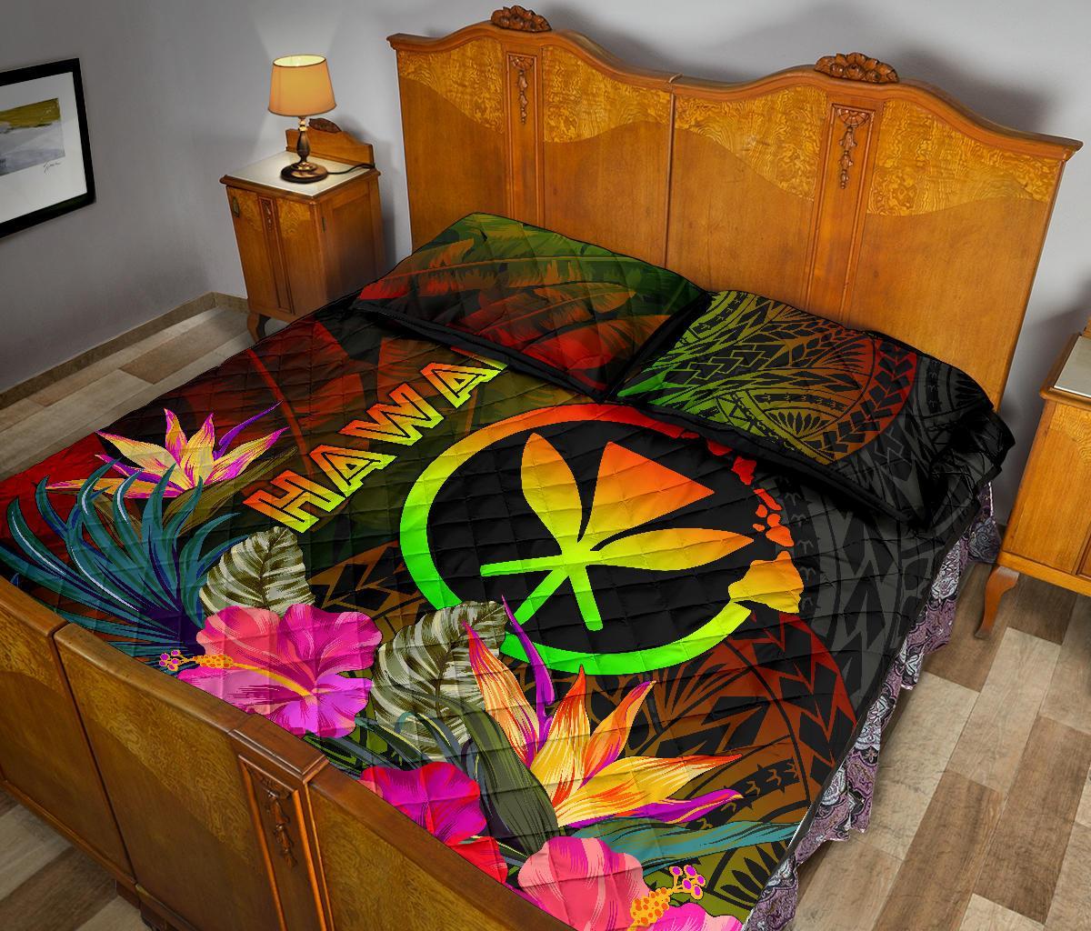 Polynesian Hawaii Kanaka Maoli Polynesian Quilt Bed Set - Hibiscus and Banana Leaves - Polynesian Pride