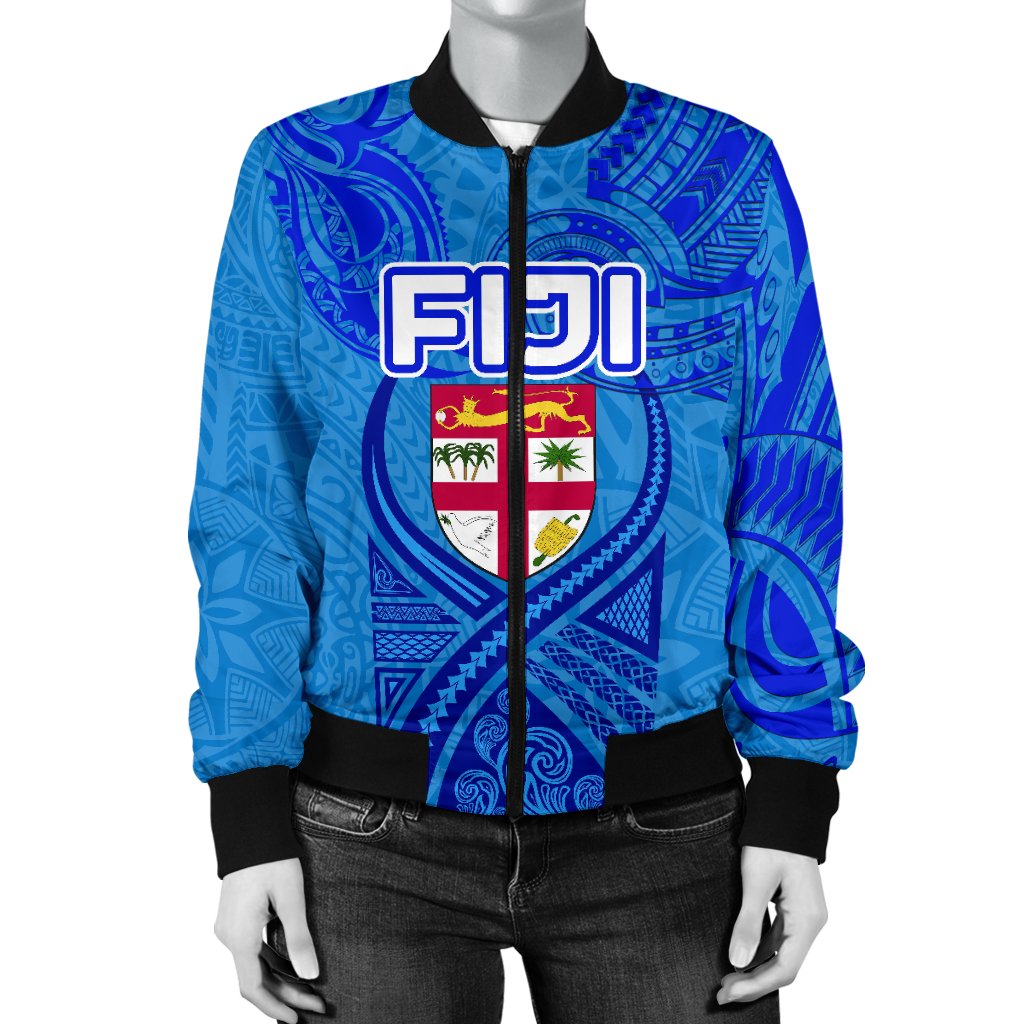 Blue Women Bomber Jacket Fiji Rugby Polynesian Waves Style - Polynesian Pride