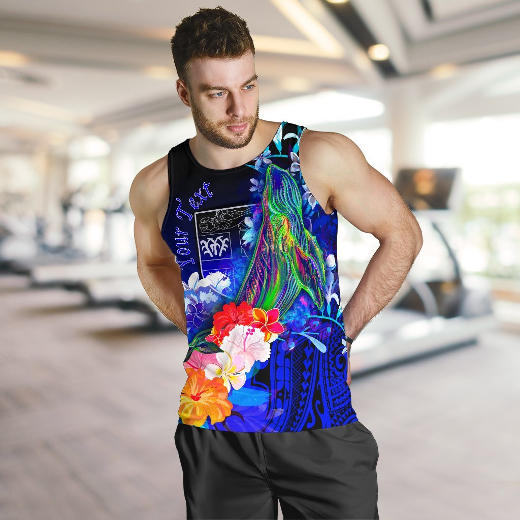 Fiji Custom Personalised Men's Tank Top - Humpback Whale with Tropical Flowers (Blue) - Polynesian Pride