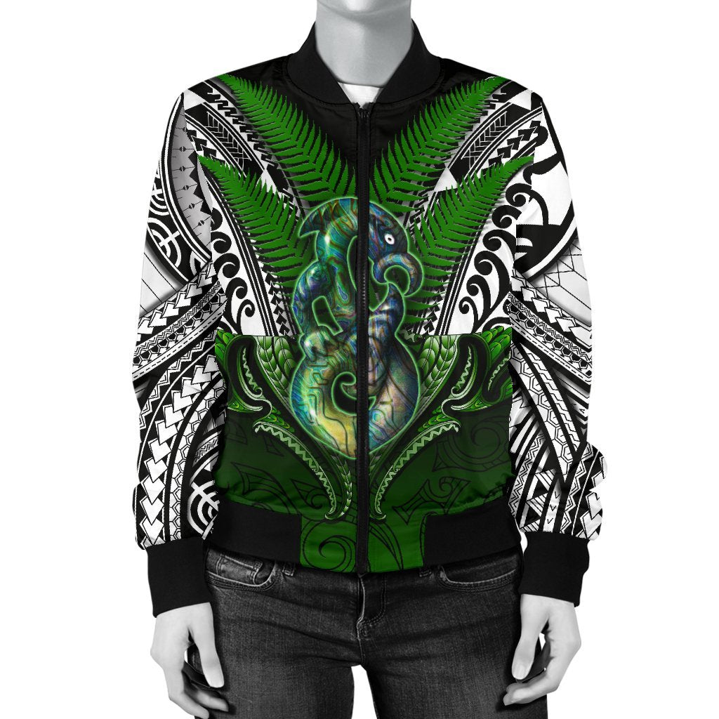 Manaia Mythology Women Bomber Jacket Silver Fern Maori Tattoo - Polynesian Pride