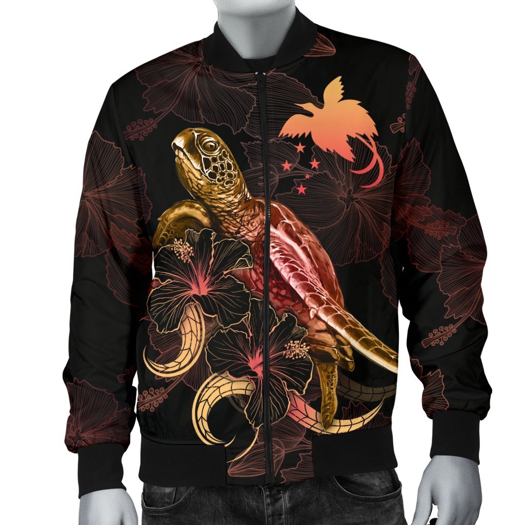 Papua New Guinea Polynesian Men's Bomber Jacket - Turtle With Blooming Hibiscus Gold - Polynesian Pride