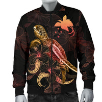 Papua New Guinea Polynesian Men's Bomber Jacket - Turtle With Blooming Hibiscus Gold - Polynesian Pride
