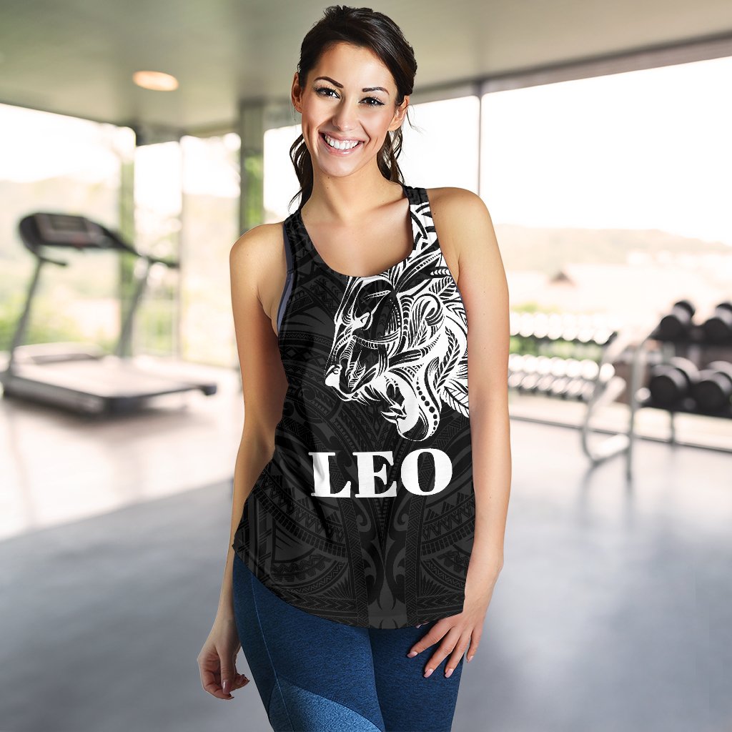 Sun In Leo Zodiac Women Racerback Tank Polynesian Tattoo Simple - White - Polynesian Pride