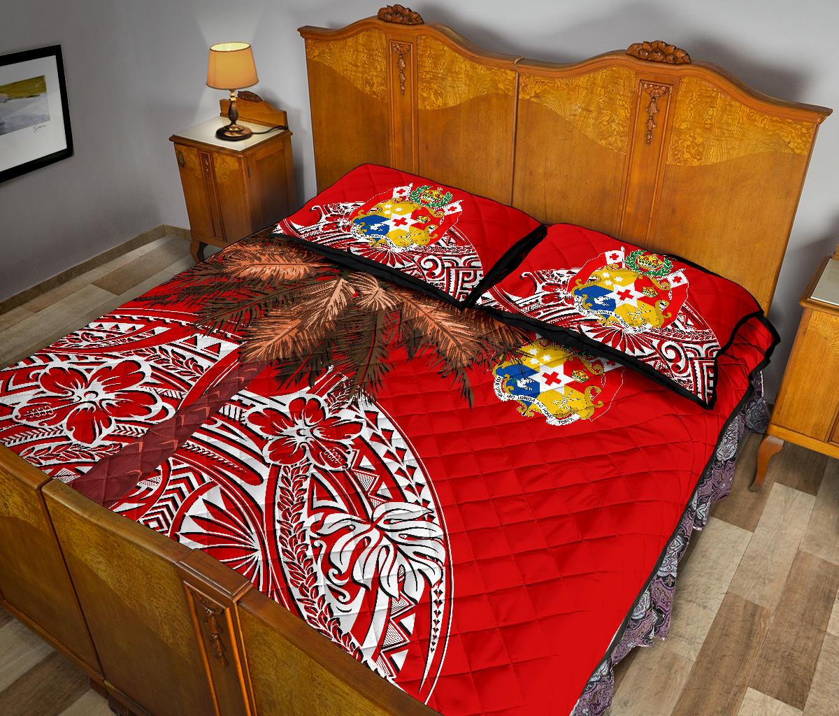 Tonga Quilt Bed Set - Polynesian Palm Tree Flag Red - Polynesian Pride