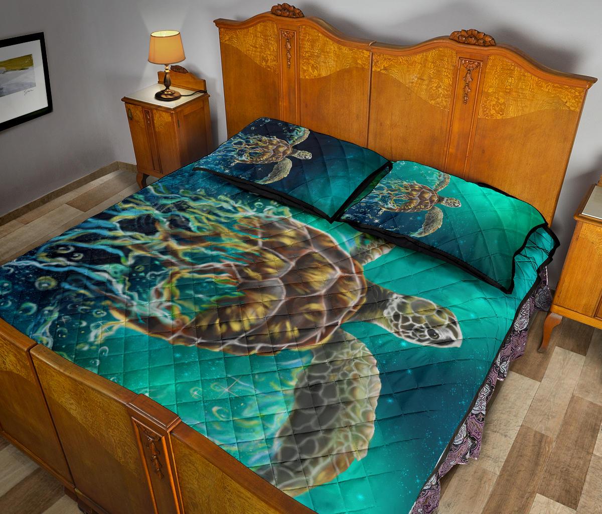 Hawaii Sea Turtle Water Color Travel Galaxy Quilt Bed Set - AH - Green - Polynesian Pride
