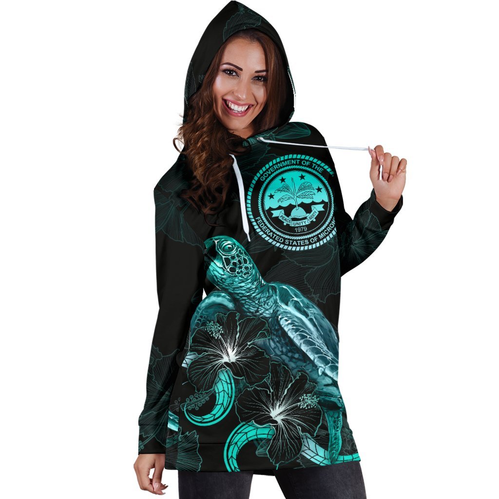 Federated States of Micronesia Polynesian Hoodie Dress - Turtle With Blooming Hibiscus Turquoise - Polynesian Pride
