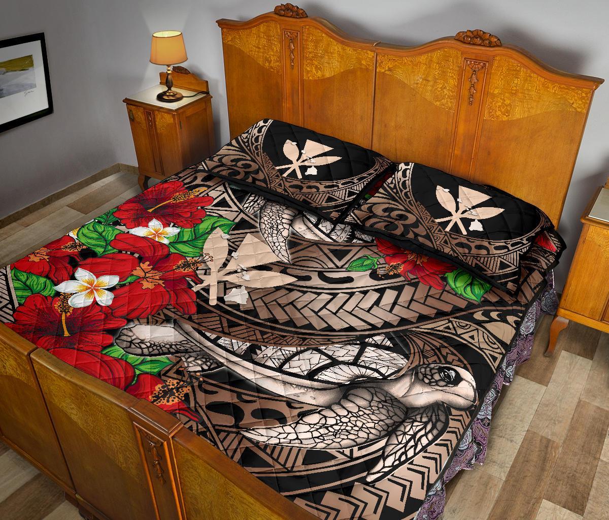 Kanaka Maoli (Hawaiian) Quilt Bed Set - Waves Polynesian Turtle Hibiscus - Polynesian Pride