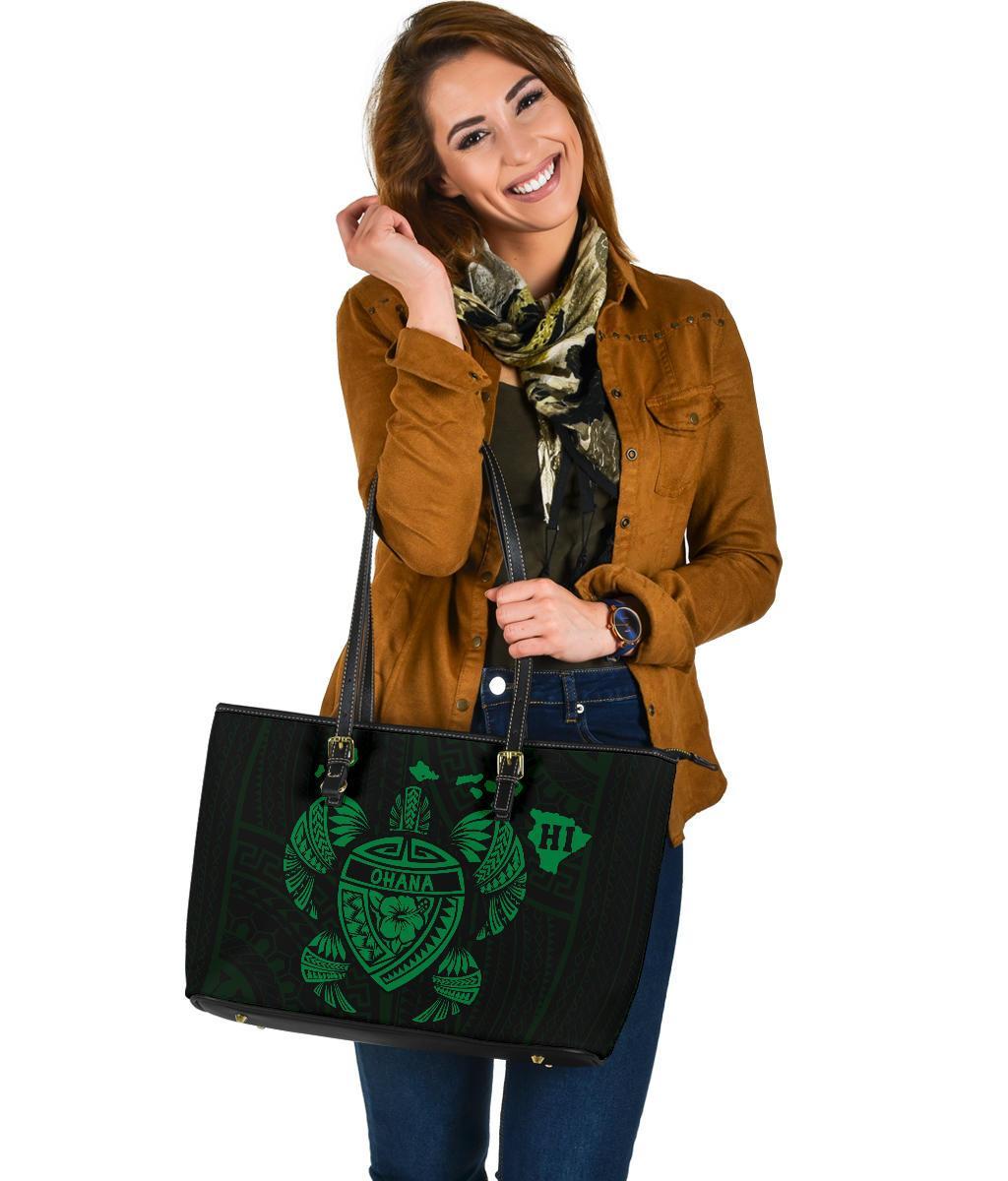 Hawaii Kakau Polynesian Turtle Map Large Leather Tote - Green - Polynesian Pride