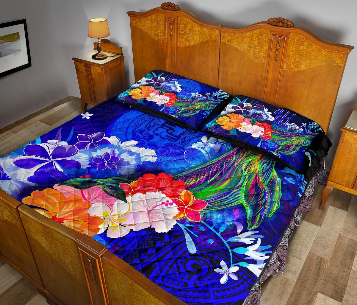 Polynesian Hawaii Quilt Bed Set - Humpback Whale with Tropical Flowers (Blue) - Polynesian Pride