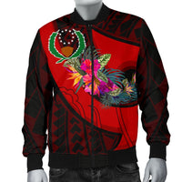 Pohnpei Men's Bomber Jacket - Polynesian Hook And Hibiscus (Red) - Polynesian Pride