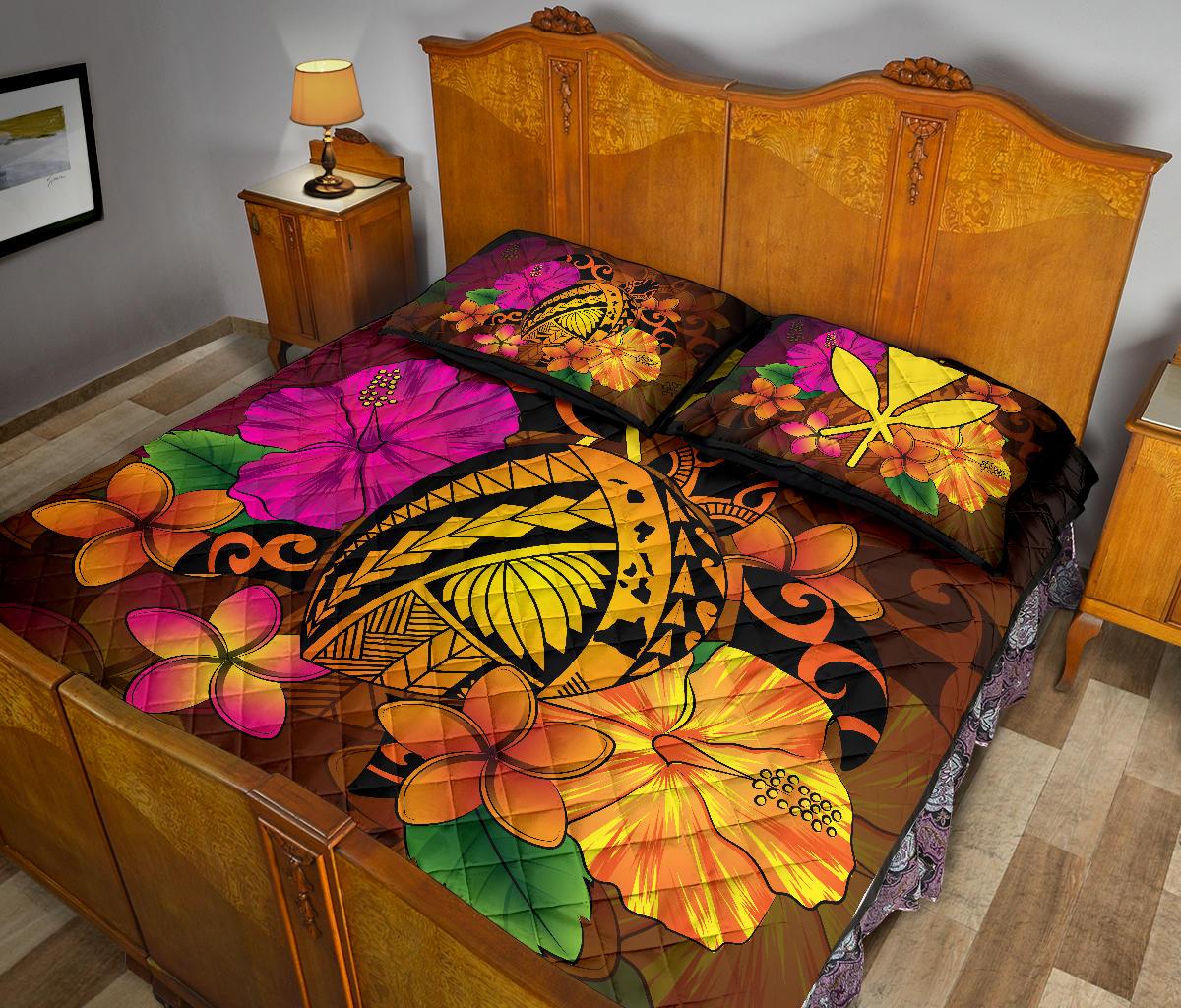 Hawaii Turtle Tribal Map Hibiscus Plumeria Quilt Bed Set - Polynesian Pride