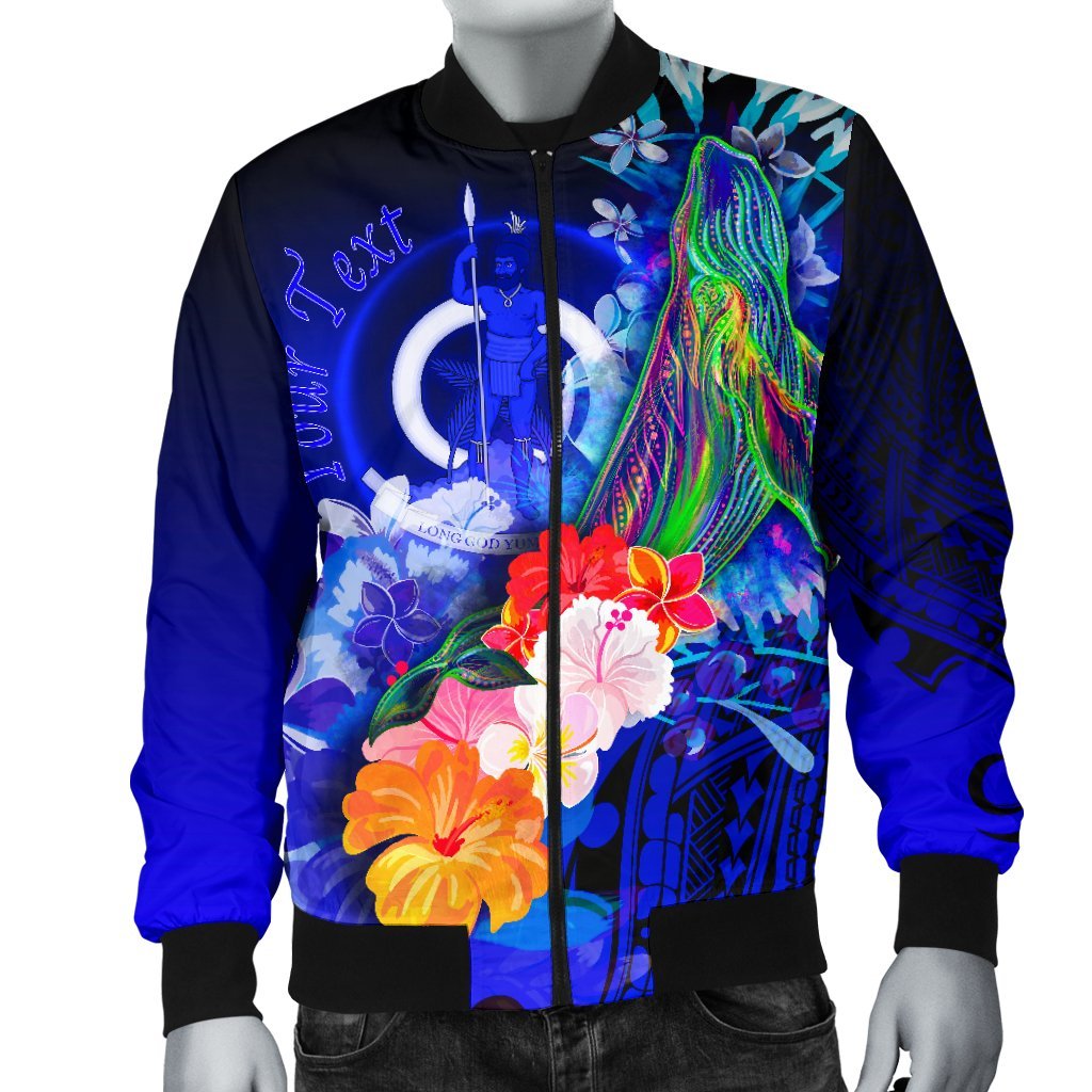 Vanuatu Custom Personalised Men's Bomber Jacket - Humpback Whale with Tropical Flowers (Blue) - Polynesian Pride