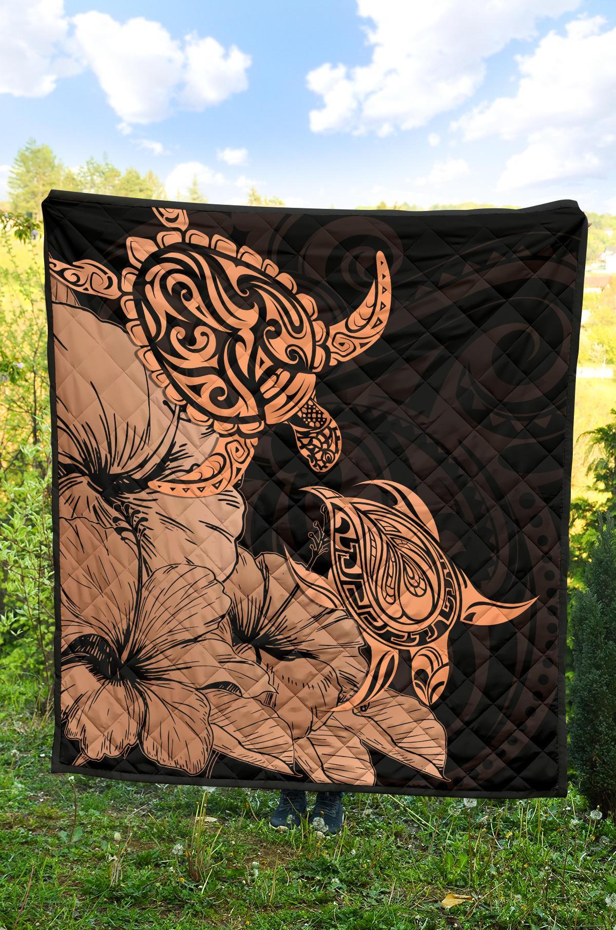 Hawaii Turtle Premium Quilt Polynesian Hibiscus Art Orange AH - Polynesian Pride