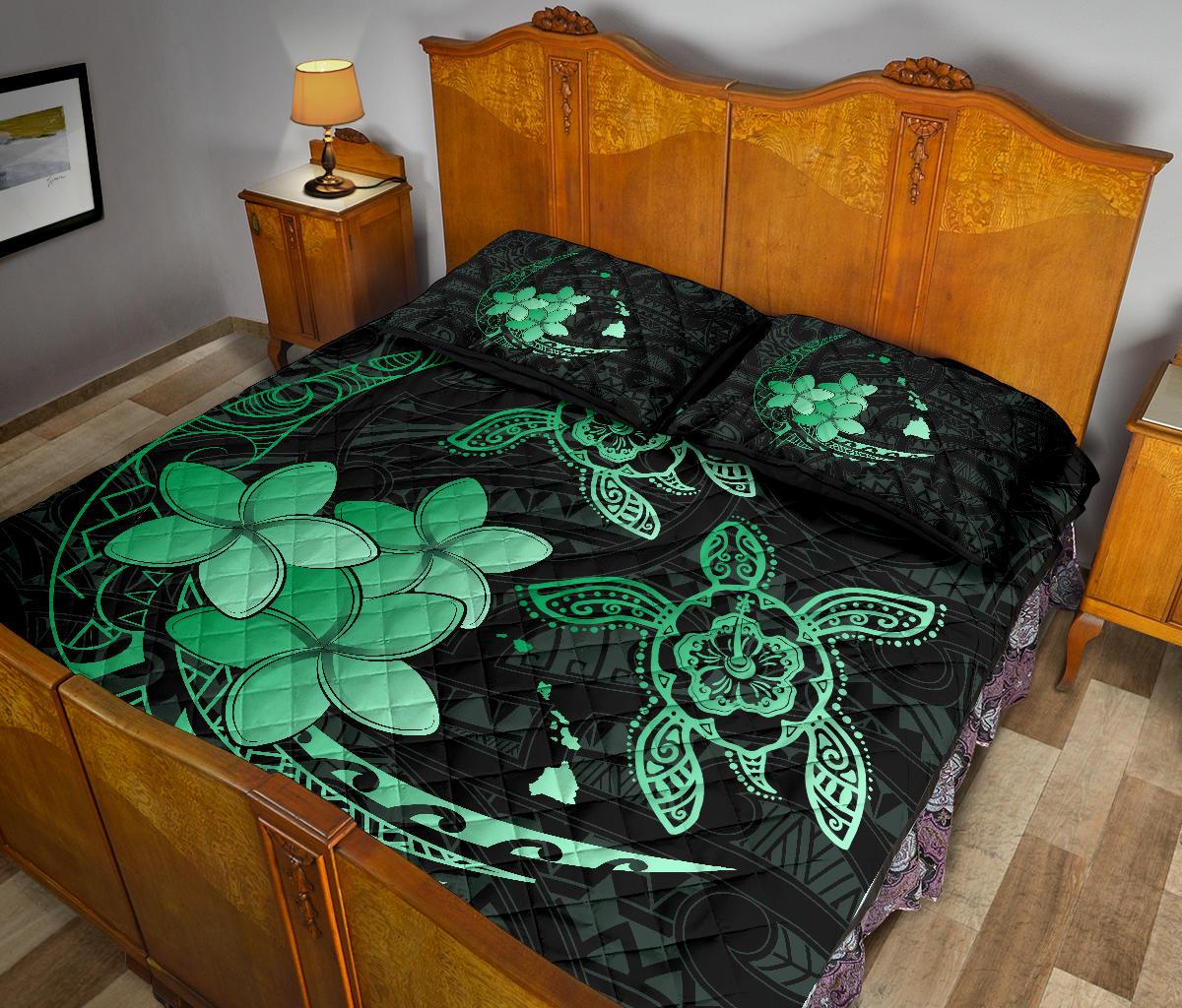 Hawaii Polynesian Turtle Plumeria Quilt Bed Set - Pog Style Green - Polynesian Pride