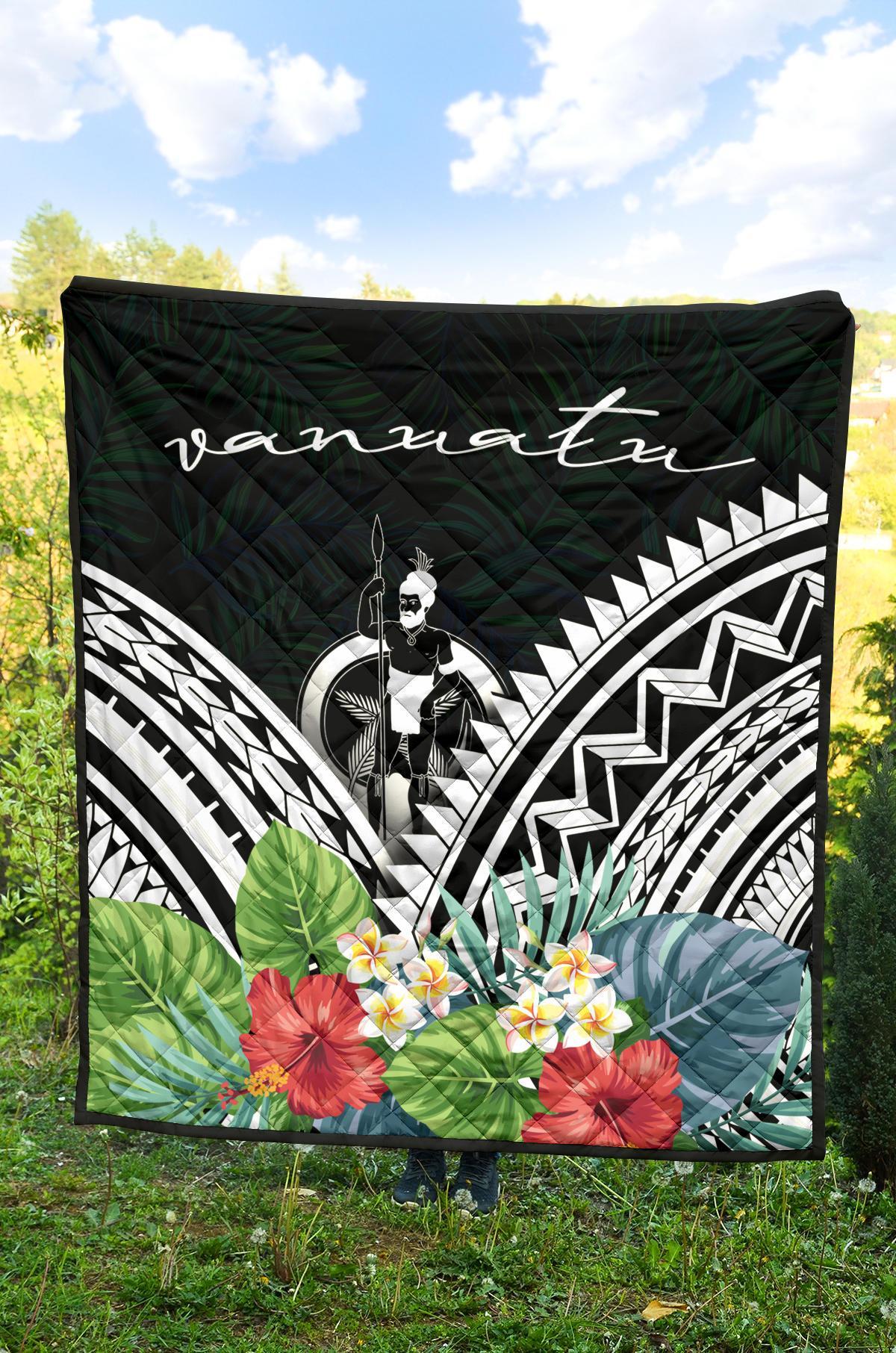Vanuatu Premium Quilt - Vanuatu Coat of Arms & Polynesian Tropical Flowers White - Polynesian Pride