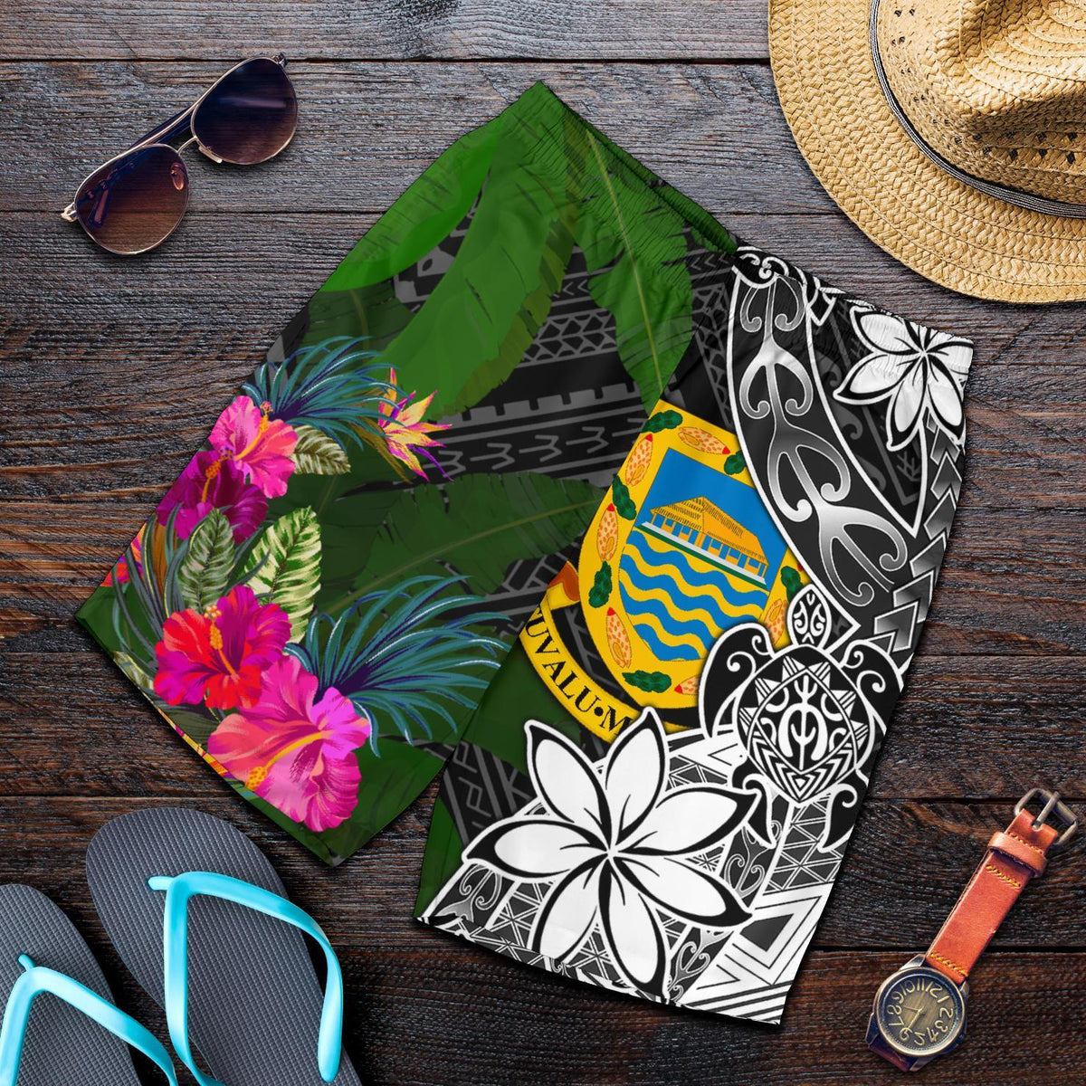 Tuvalu Men Shorts - Turtle Plumeria Banana Leaf Black - Polynesian Pride