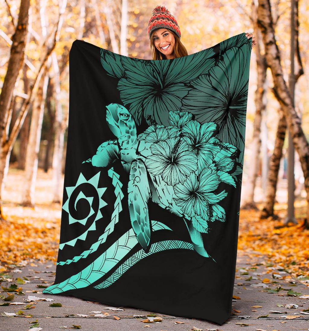 Hawaii Turtle Hibiscus Polynesian Vintage Premium Blanket - Turquoise - Polynesian Pride