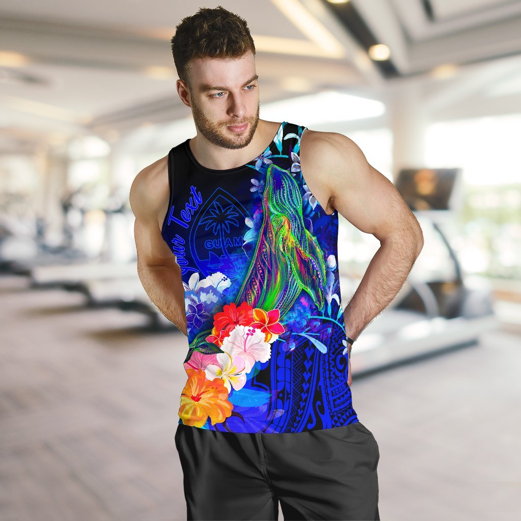 Guam Custom Personalised Men's Tank Top - Humpback Whale with Tropical Flowers (Blue) - Polynesian Pride