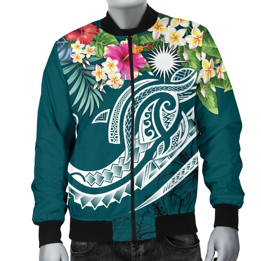 Marshall Islands Polynesian Men's Bomber Jacket - Summer Plumeria (Turquoise) - Polynesian Pride
