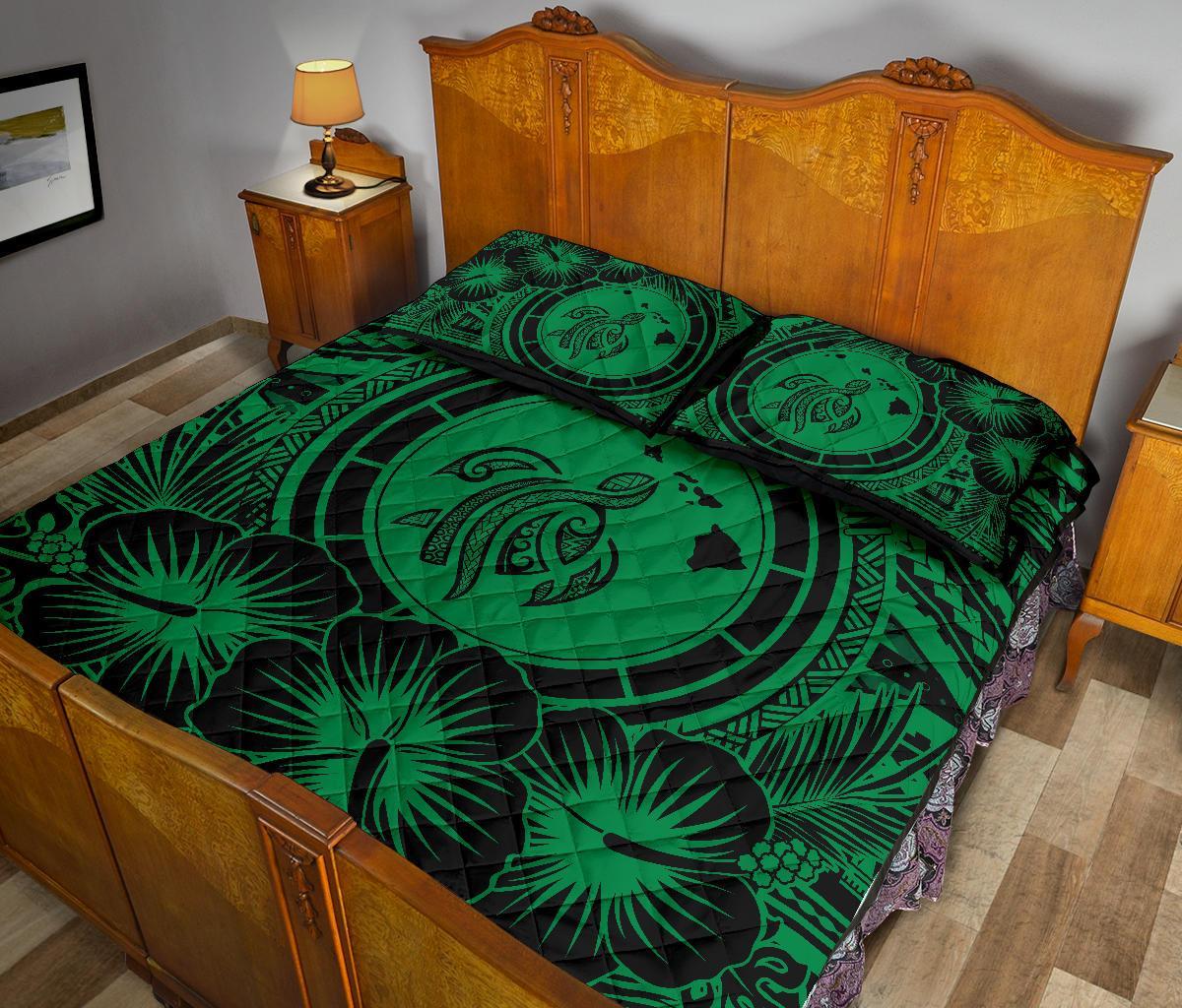 Hawaiian Map Honu Hibiscus Green Polynesian Quilt Bed Set - Polynesian Pride