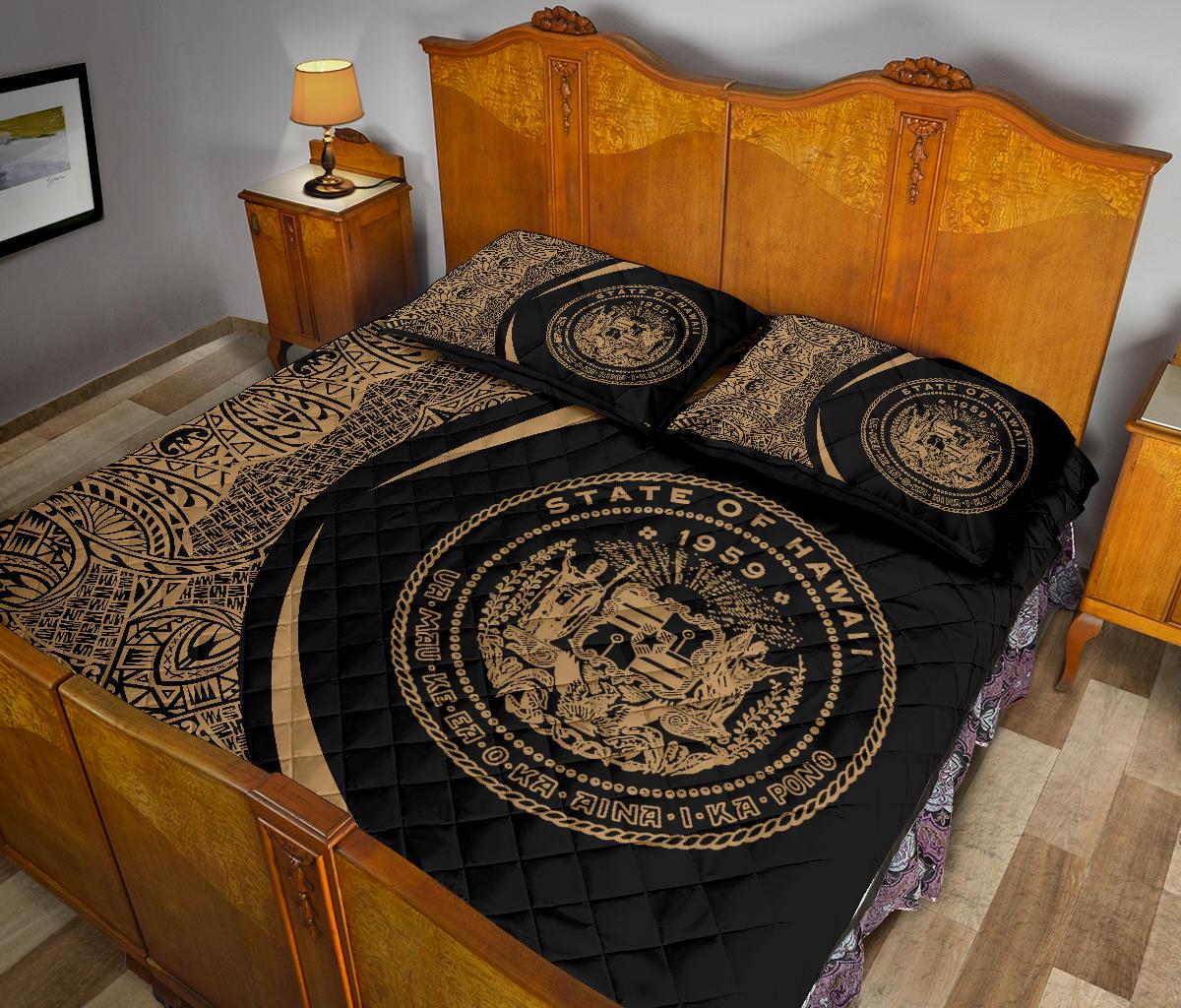 Hawaii Coat Of Arms Polynesian Quilt Bed Set - Circle Style Gold - Polynesian Pride